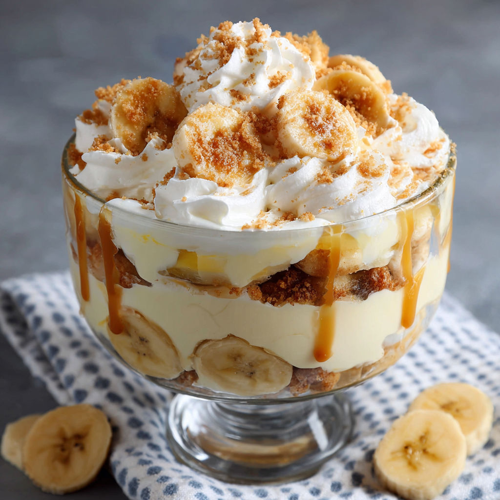A delicious dessert in a glass bowl, topped with bananas and whipped cream, and drizzled with caramel sauce.