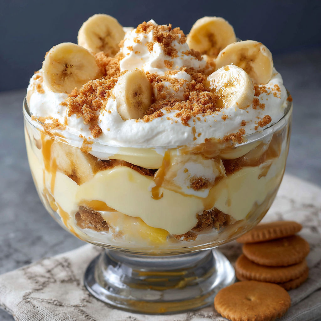 A bowl of banana cream pie with a cookie on the side.