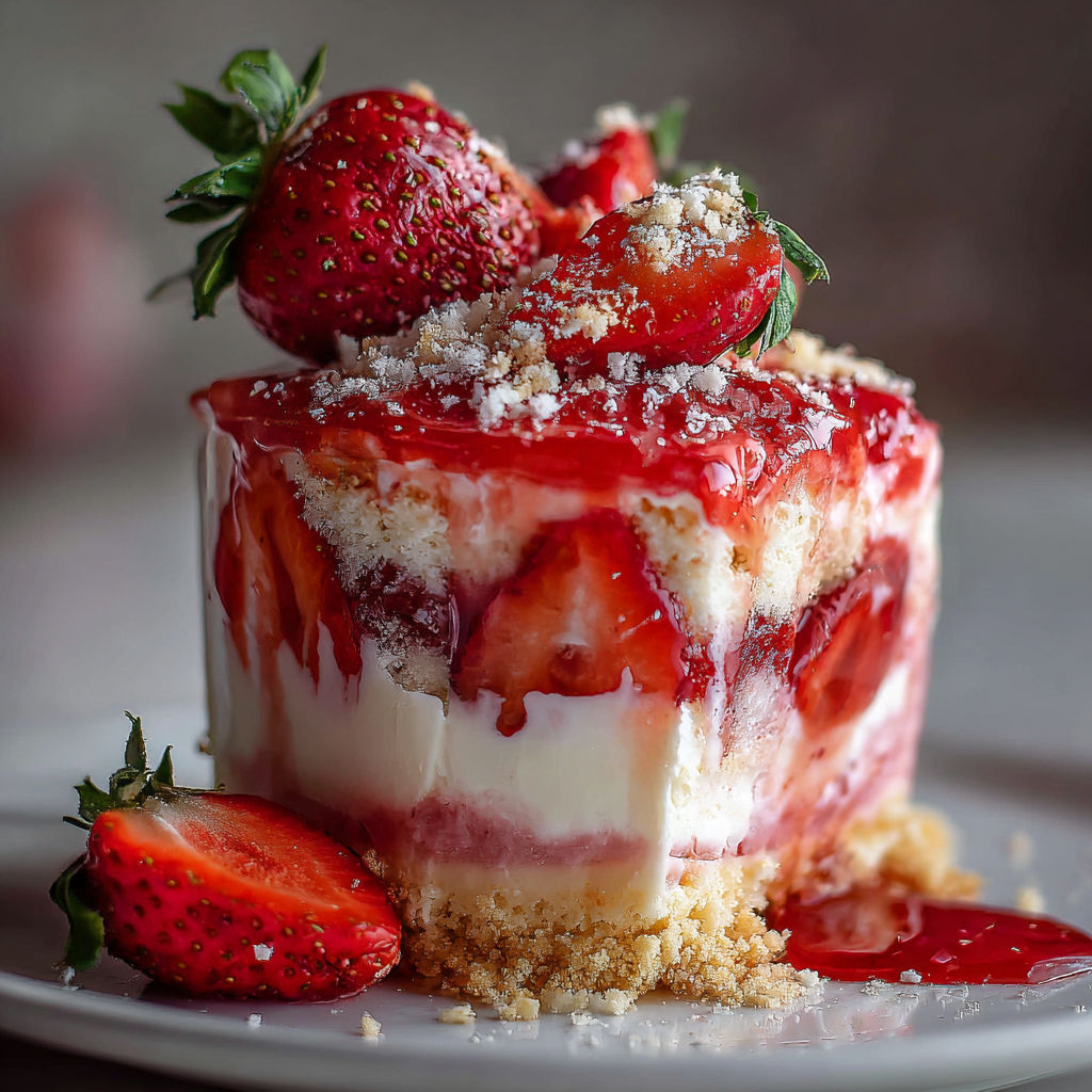 A delicious dessert, Creamy Strawberry Shortcake, is presented on a white plate.