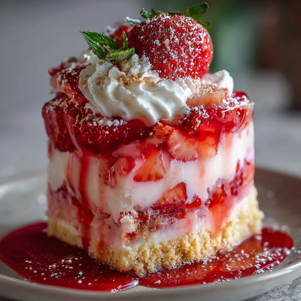 A slice of creamy strawberry cake with whipped cream on a plate.