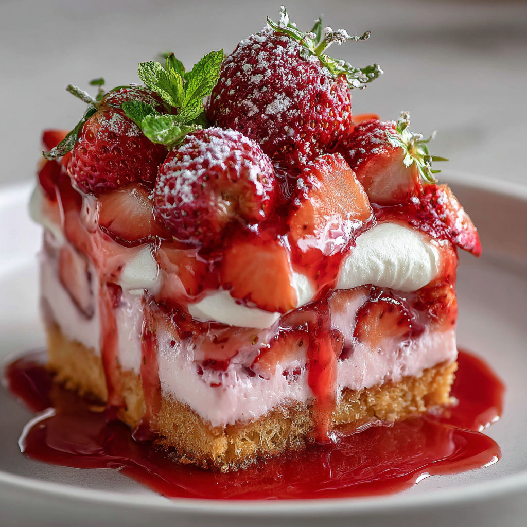 A slice of creamy strawberry cheesecake with whipped cream on top.