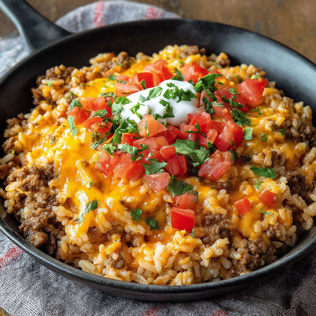 A delicious meal of rice and beans with tomatoes and cheese, served in a black skillet.