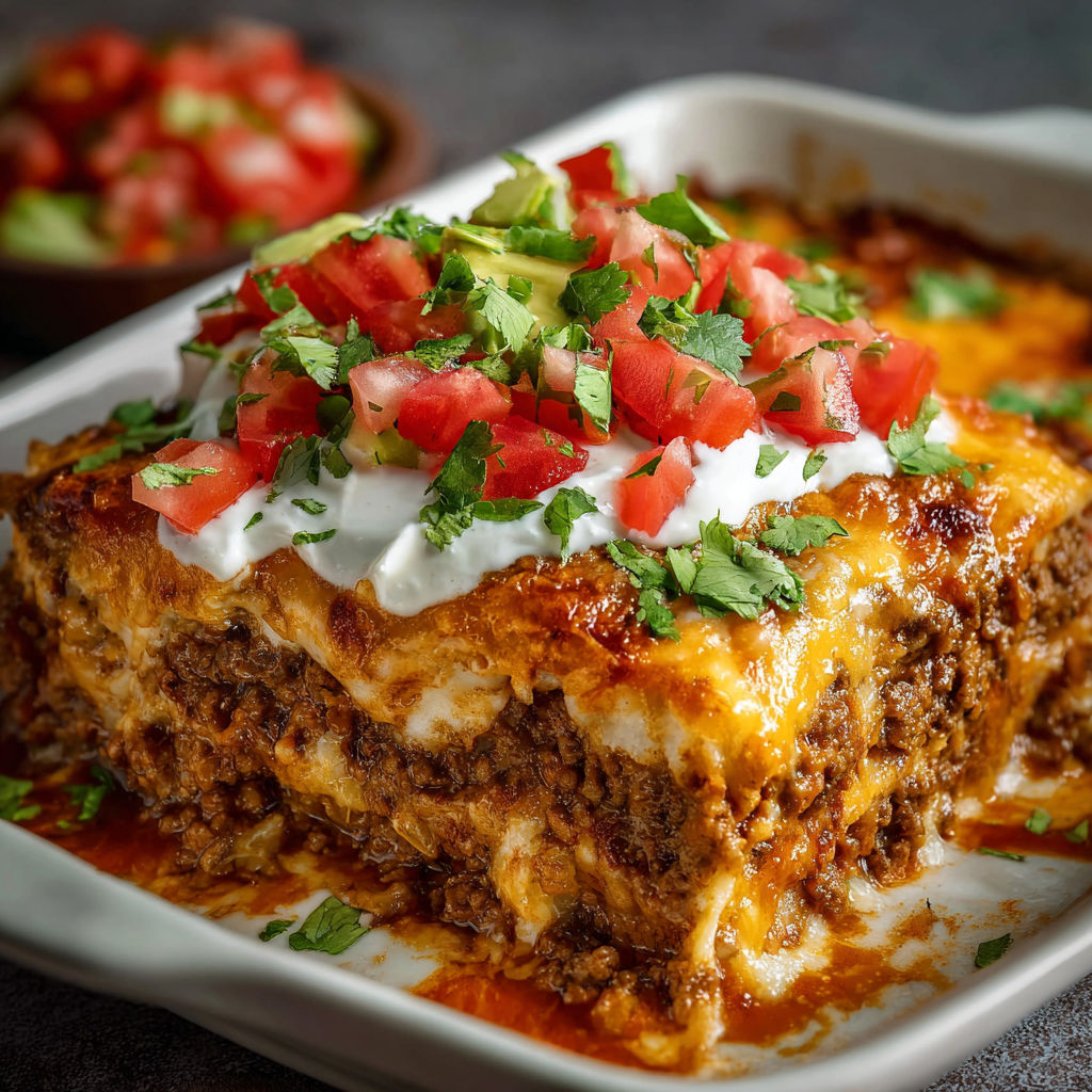 A delicious chicken enchilada casserole with tomatoes, onions, and cheese.