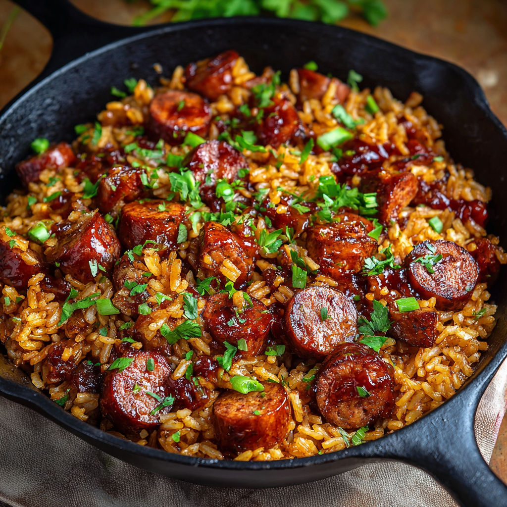 A delicious rice dish with sausage and vegetables, including green onions and parsley, is cooked in a skillet.