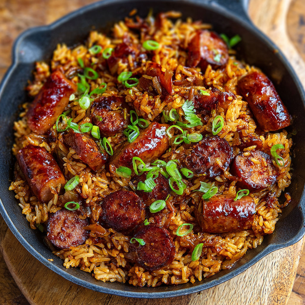 A delicious rice dish with sausage and vegetables, including green onions and peppers, is served in a black skillet.