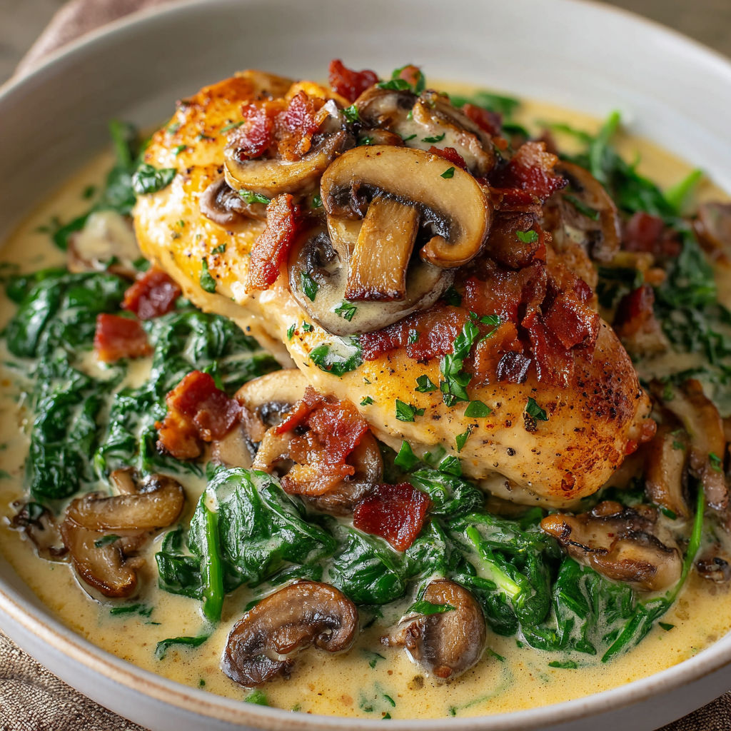 A delicious meal of chicken with mushrooms and bacon, served in a bowl with a side of greens.