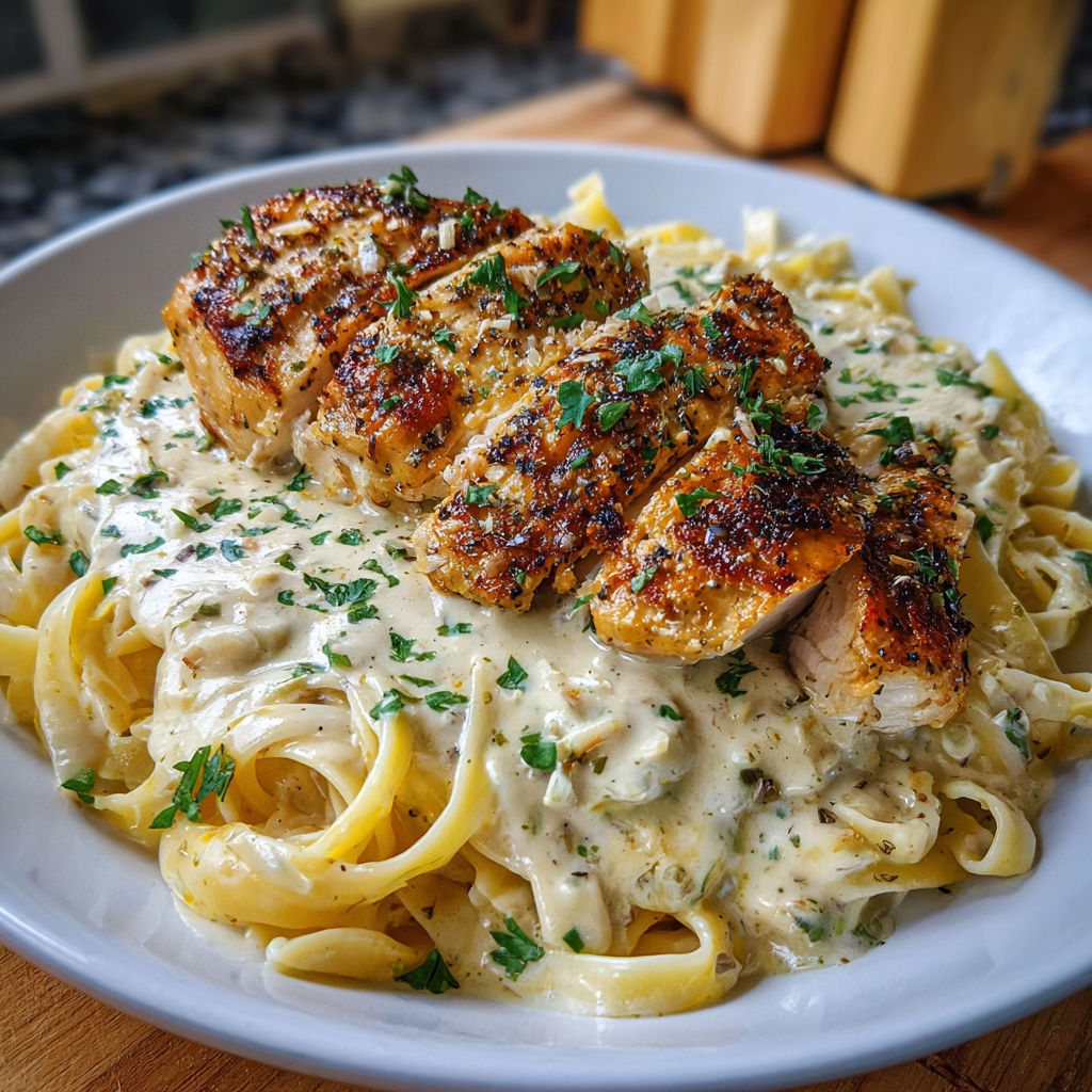A plate of pasta with chicken and cheese on top.