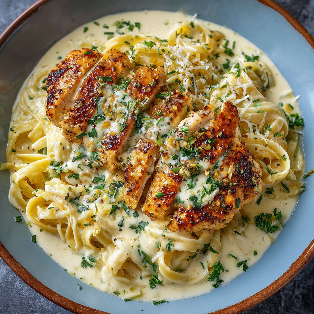 A bowl of pasta with chicken and cheese on top.