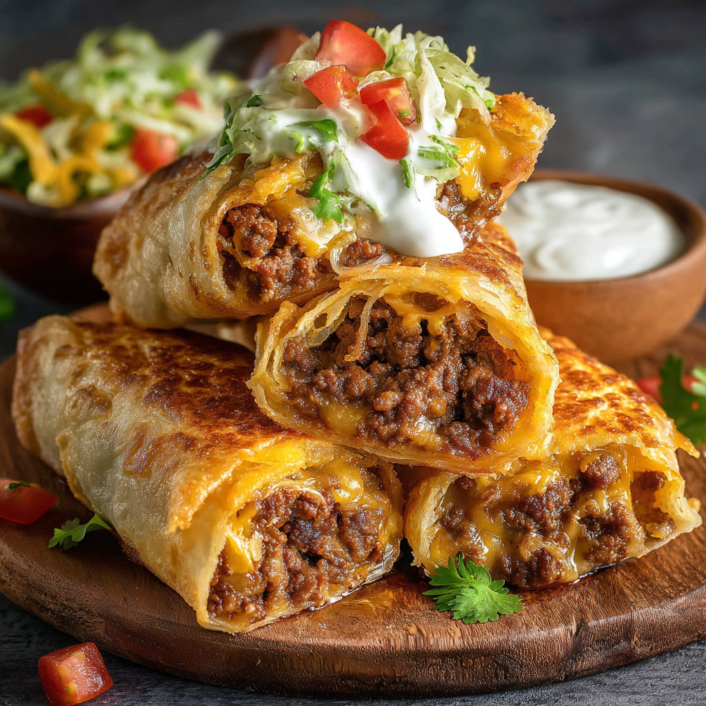 A stack of three delicious burritos filled with meat and cheese, served with a side of sour cream and a bowl of coleslaw.