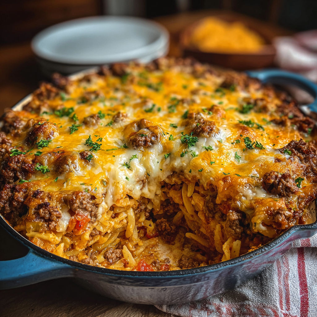 A delicious casserole dish filled with meat, cheese, and noodles, ready to be served.