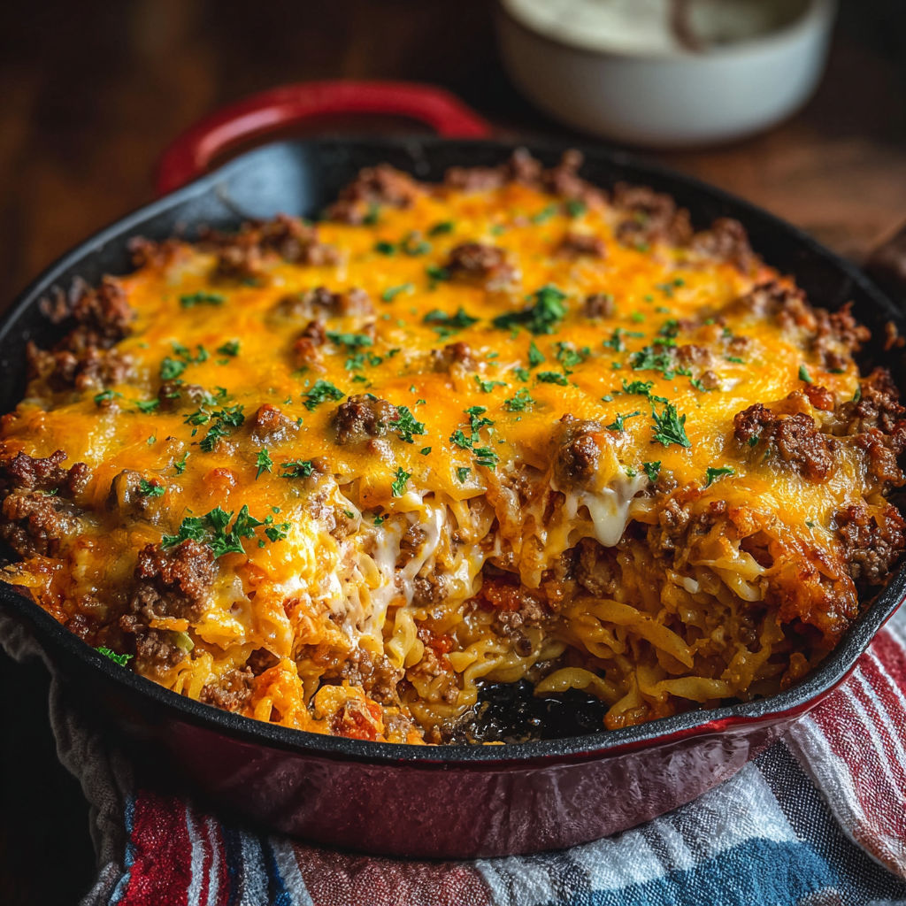 A delicious meal of Poor Man's Casserole is cooking in a skillet.