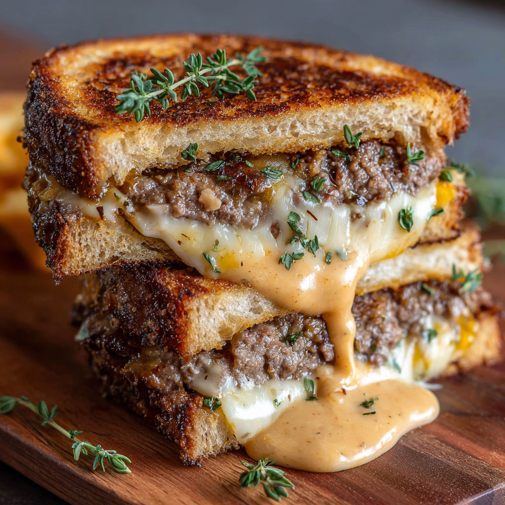 A close up of a grilled cheese sandwich with a generous amount of cheese and sauce.