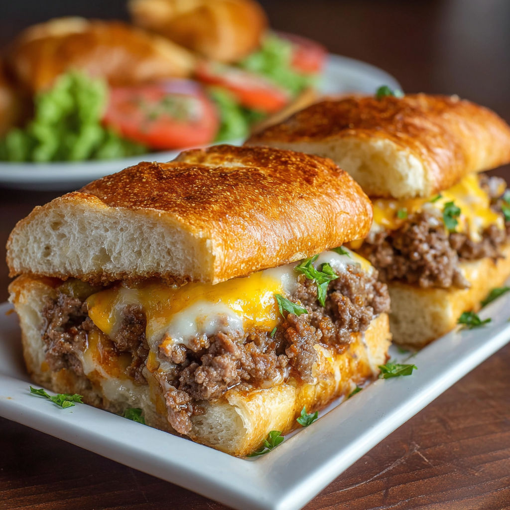 A plate of sandwiches with meat and cheese on a wooden table.