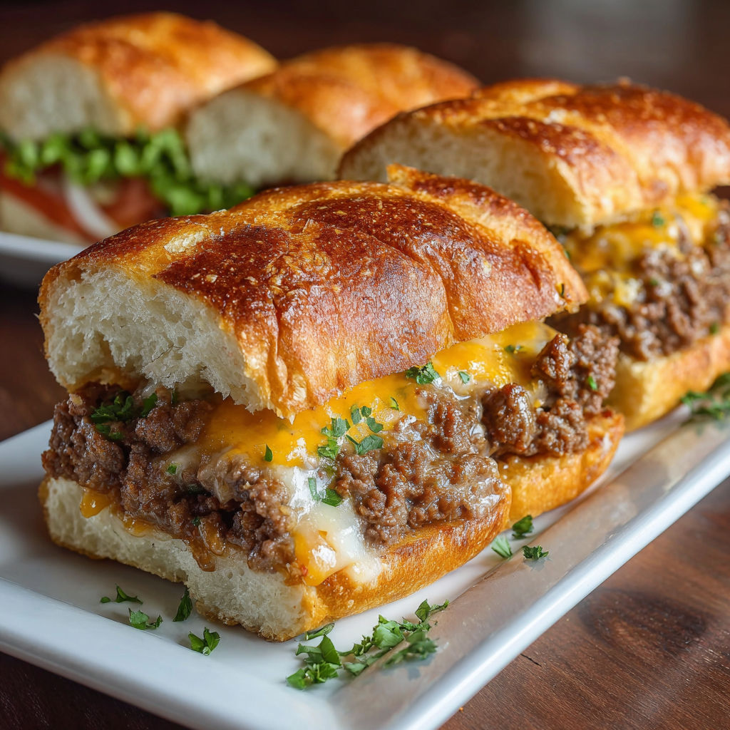 A delicious sandwich with meat and cheese on a white plate.