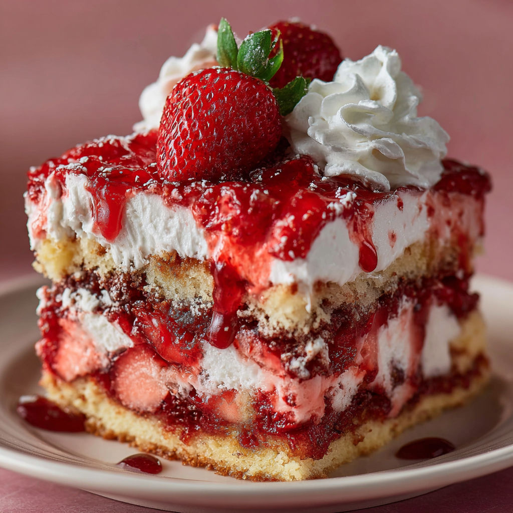A slice of Strawberry Cheesecake is displayed on a plate.