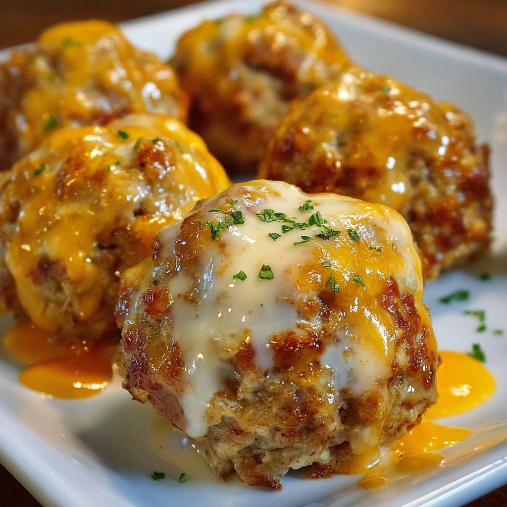 A plate of cheesy meatballs, also known as Rote, is served on a white plate.