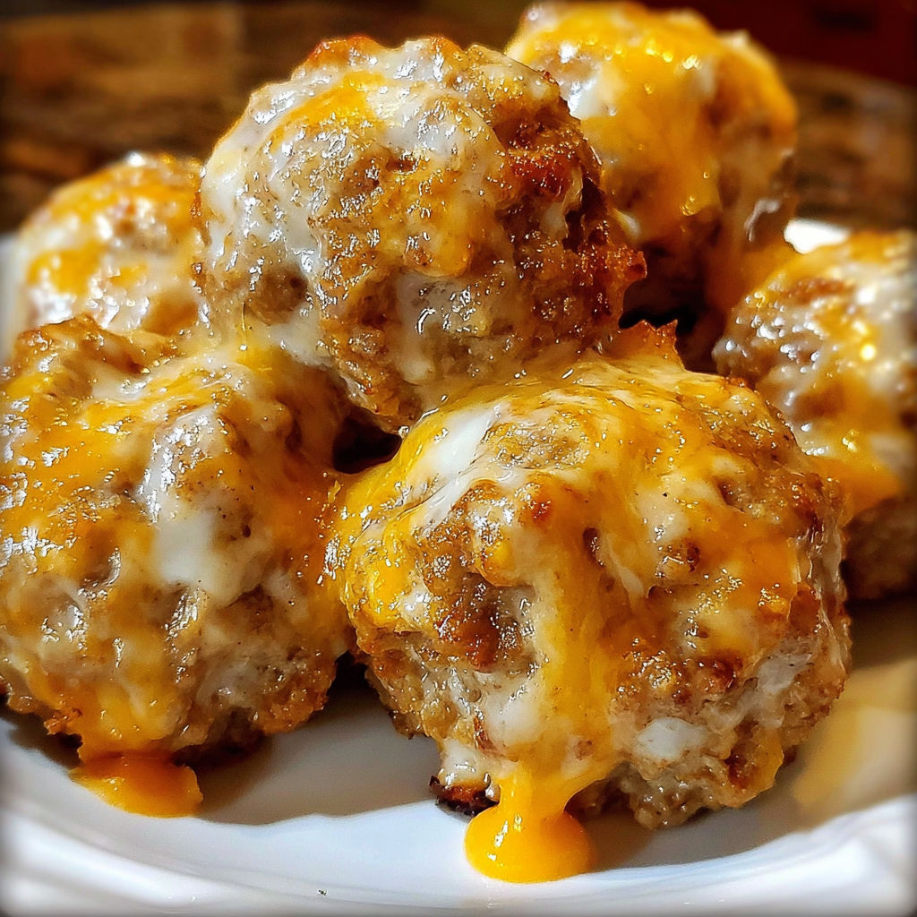A plate of cheesy meatballs with melted cheese on top.