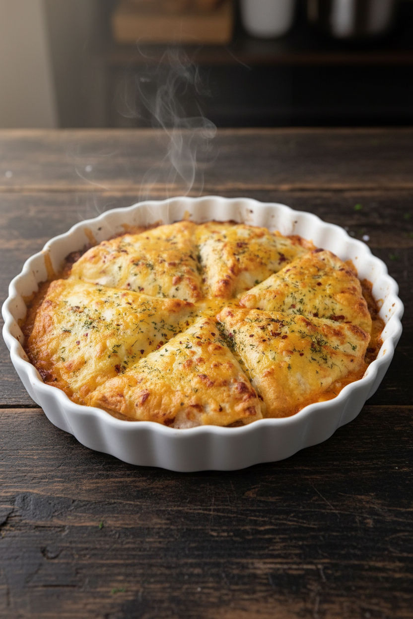 A white bowl filled with a cheesy, baked dish sits on a wooden table.