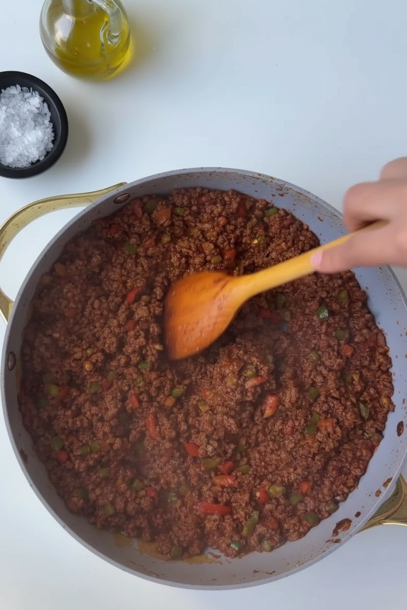 A person is stirring a pot of beef chili with a wooden spoon.