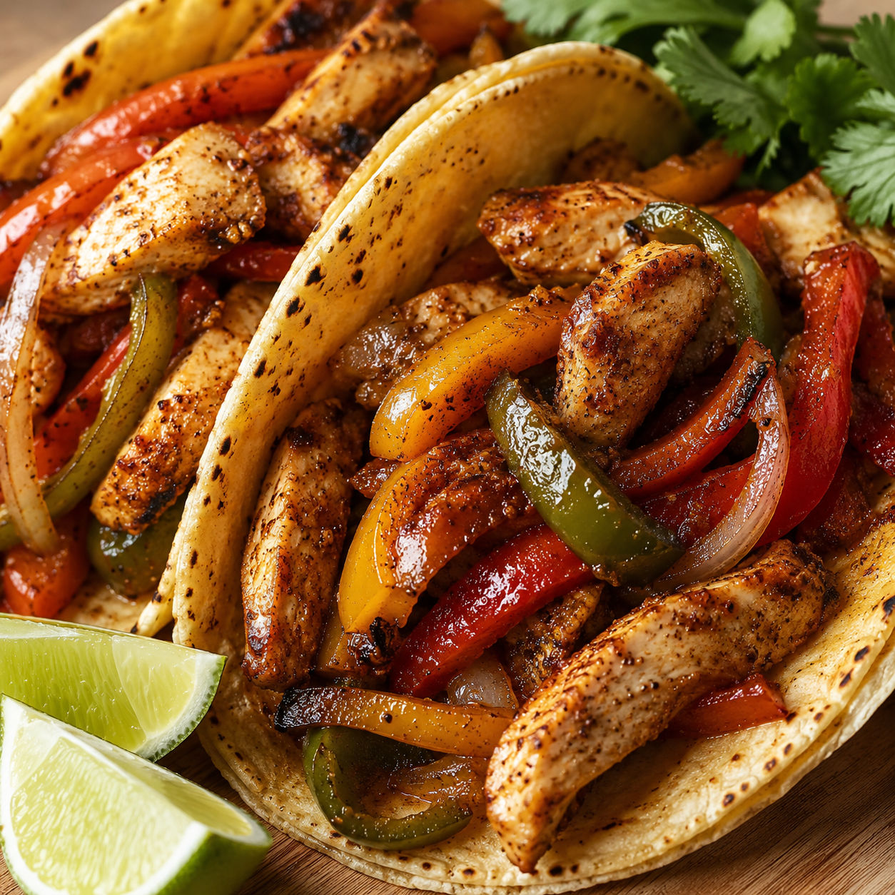 Chicken fajitas with peppers, onions, lime, and cilantro in warm tortillas