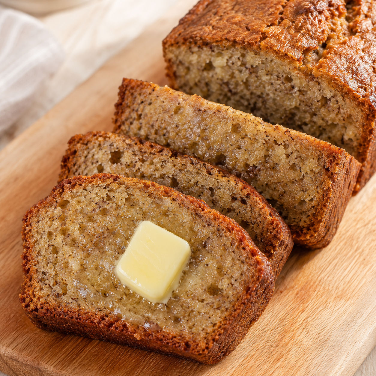Sliced loaf of golden banana bread with butter on a wooden cutting board