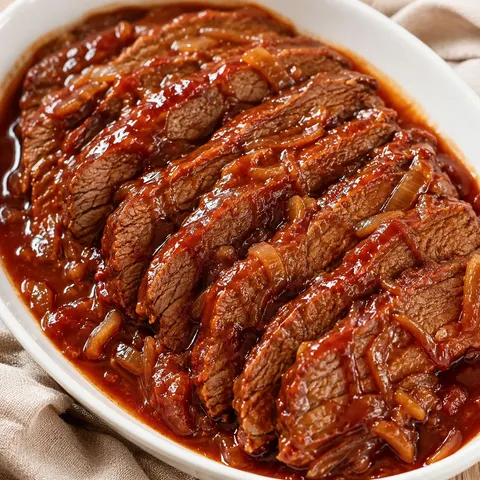 Sliced 3-Ingredient Brisket with glossy onion sauce in a serving dish