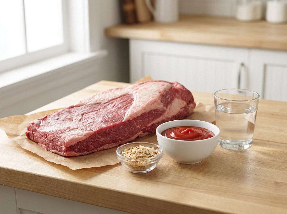 Raw brisket with ketchup, onion soup mix, and water on a wooden surface