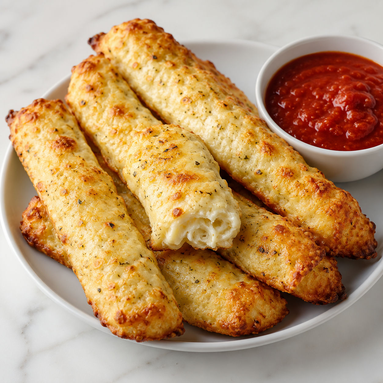Golden cottage cheese garlic breadsticks with marinara on a white plate