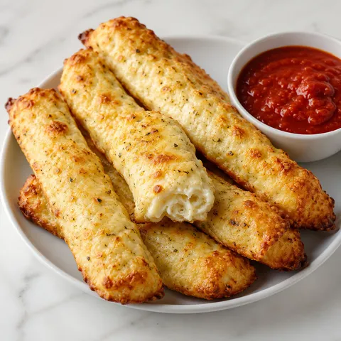 Golden cottage cheese garlic breadsticks with marinara on a white plate
