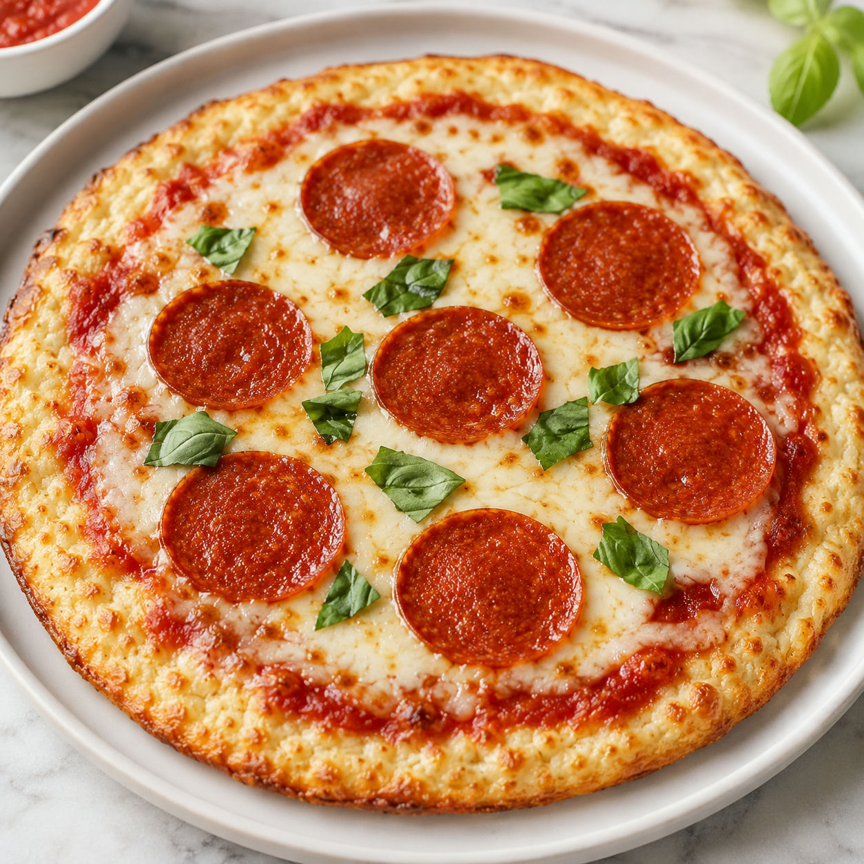 Cottage cheese pizza crust with mozzarella, basil, and pepperoni