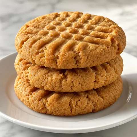 Stack of golden peanut butter cookies with crosshatch marks on a wooden board