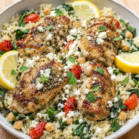 Greek chicken and lemon rice with feta, tomatoes, spinach, and lemon