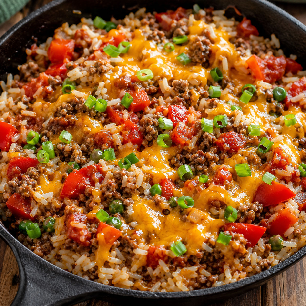 Ground beef and rice skillet with melted cheddar, peas, and tomatoes