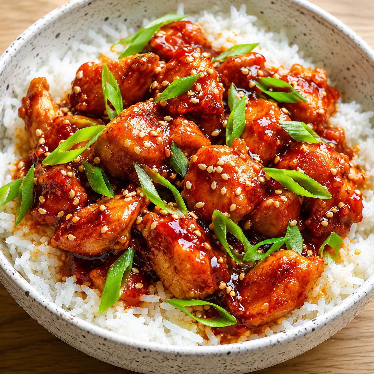 Spicy Korean gochujang chicken with glaze, green onions, and sesame seeds over rice