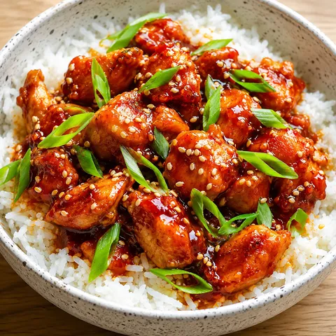 Spicy Korean gochujang chicken with glaze, green onions, and sesame seeds over rice