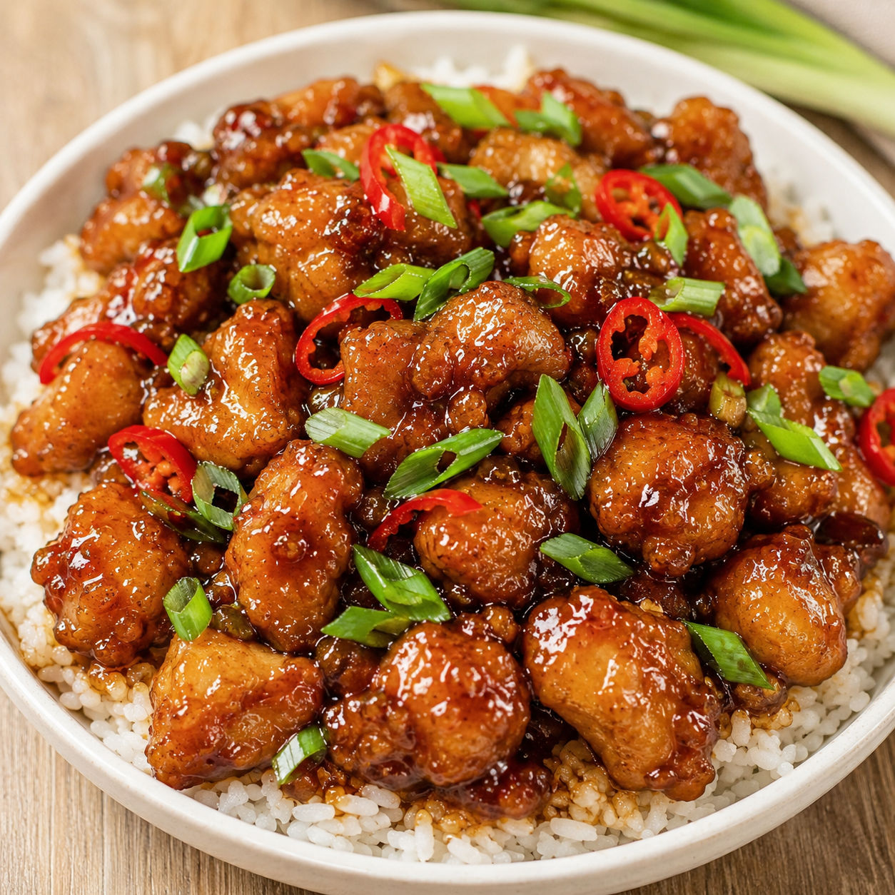 Mongolian chicken with green onions and red chili over rice