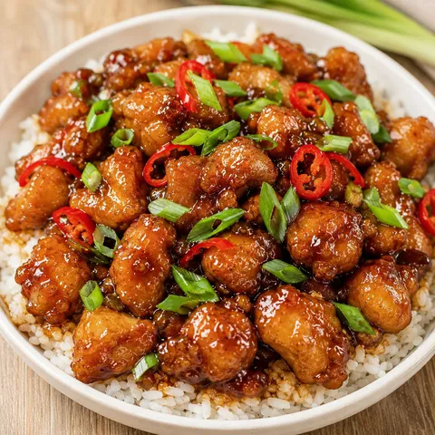 Mongolian chicken with green onions and red chili over rice