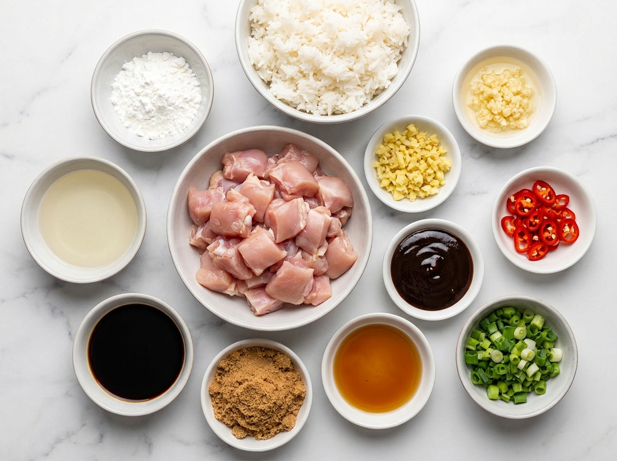 Ingredients for Mongolian chicken with chicken, sauces, ginger, garlic, and green onion