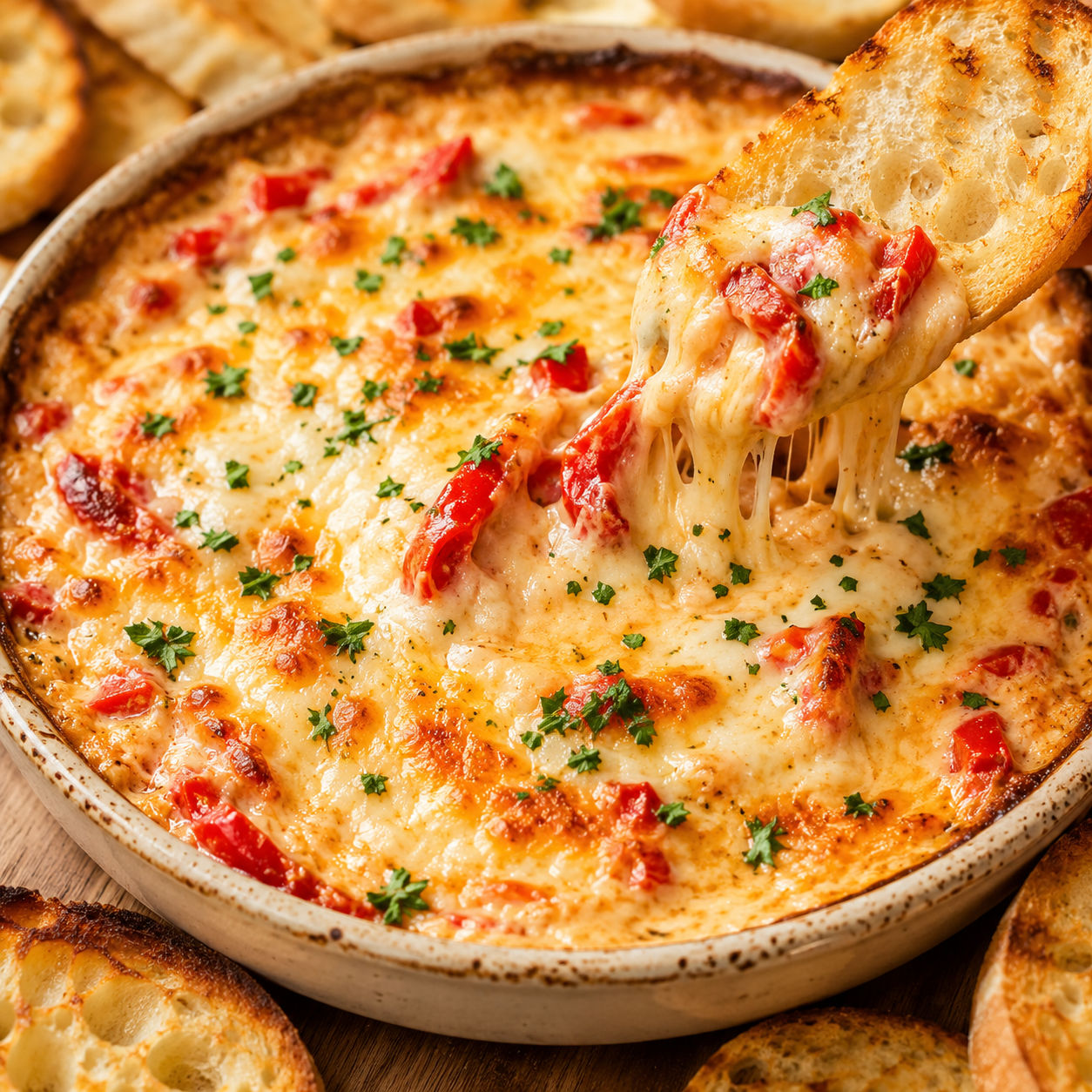 Hot roasted red pepper cheese dip with parsley and toasted bread