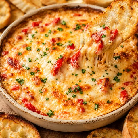 Hot roasted red pepper cheese dip with parsley and toasted bread