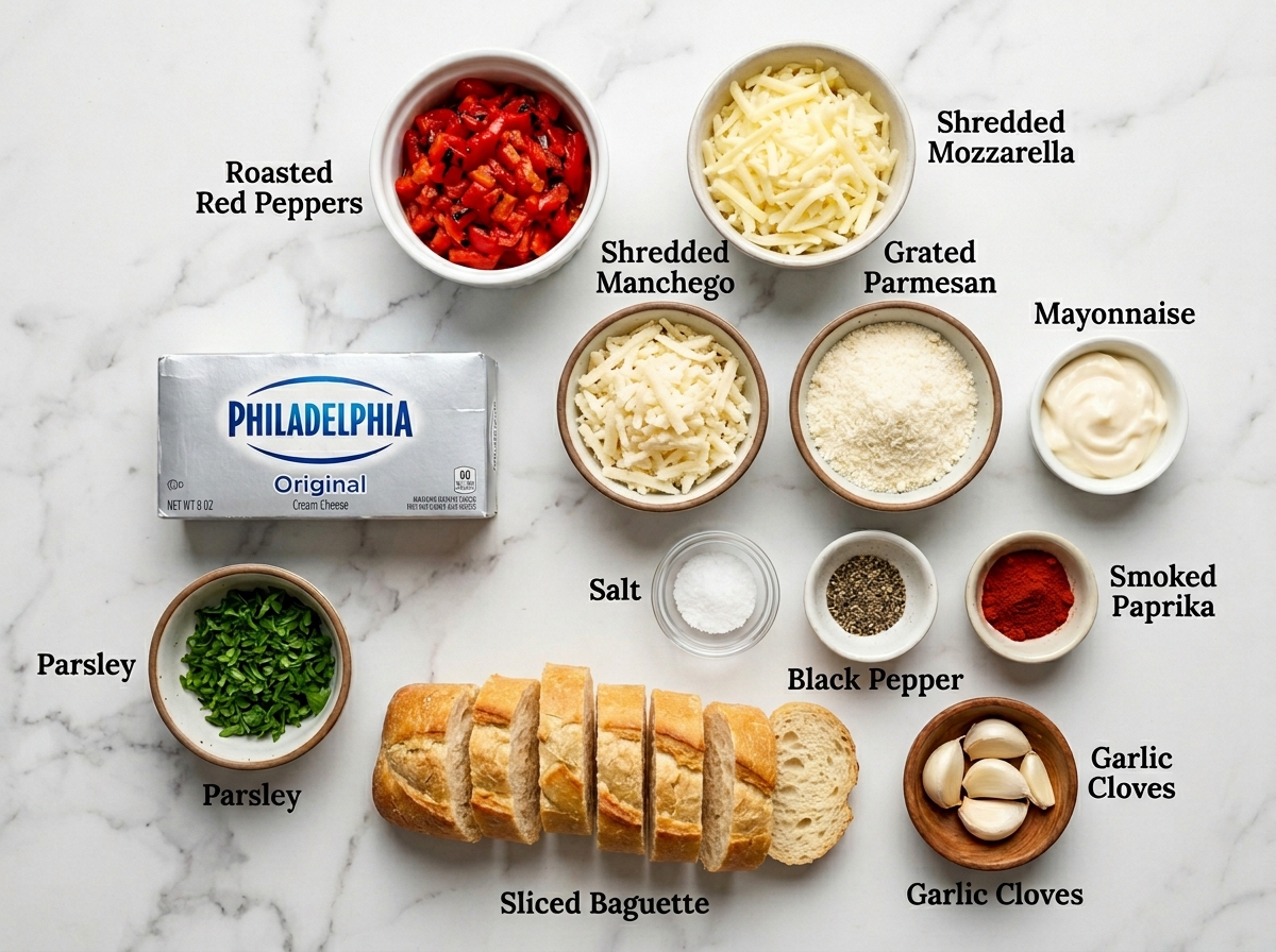 Ingredients for roasted red pepper cheese dip on a wooden surface