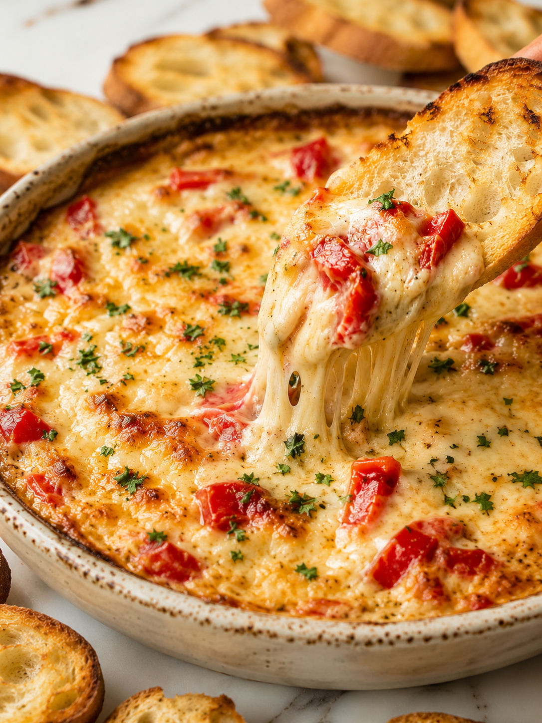 4 Cheese Hot Roasted Red Pepper Dip, plated and served