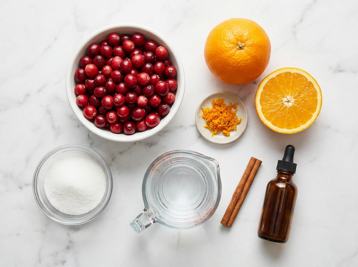 Fresh cranberries, orange, sugar, cinnamon, water, and vanilla for sauce