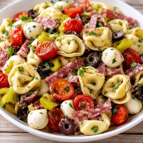 Italian salami tortellini salad with mozzarella pearls and cherry tomatoes
