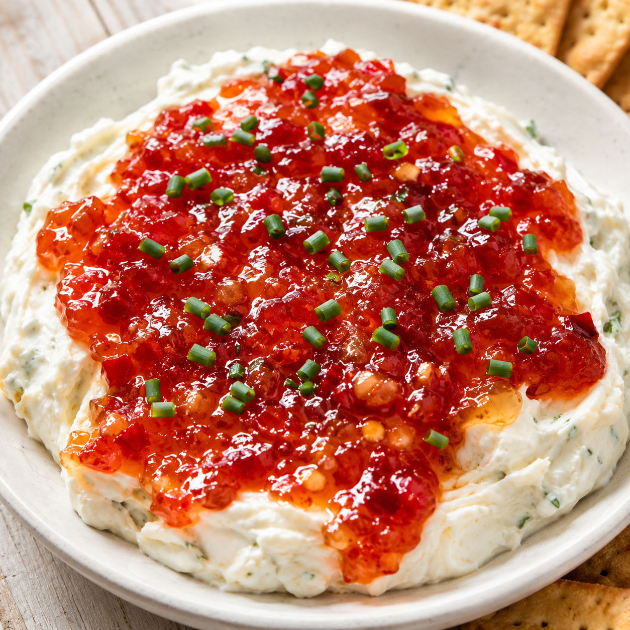 Boursin pepper jelly cheese dip with chives and crackers