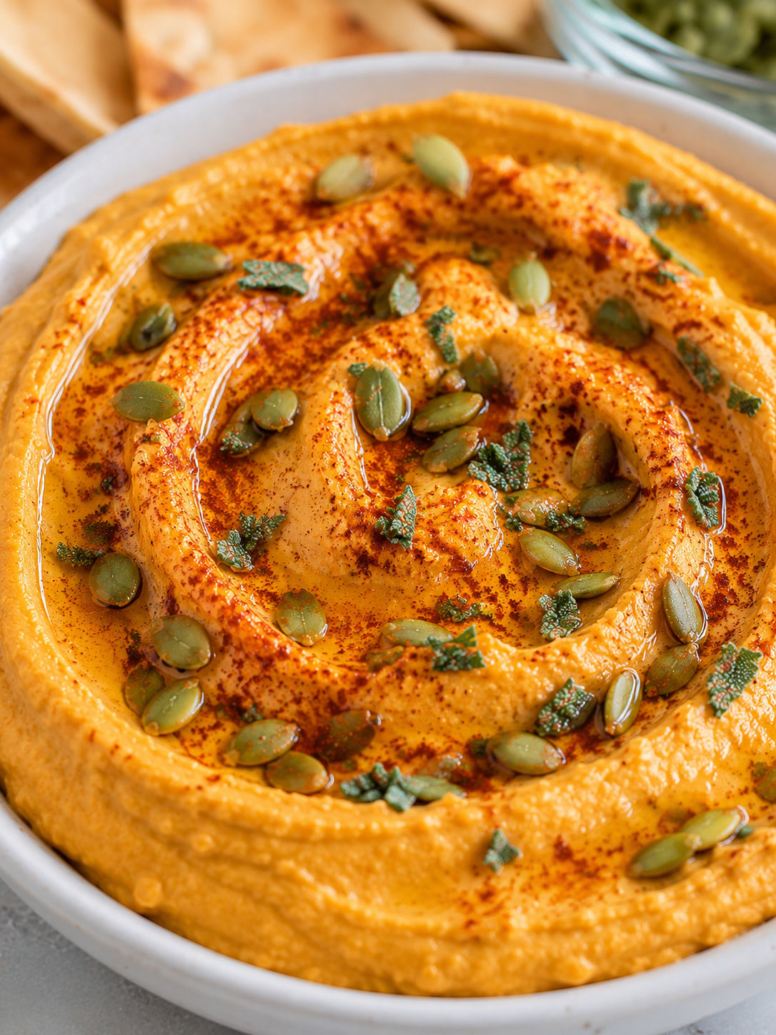 5-Minute Pumpkin Hummus with Fresh Sage, plated and served