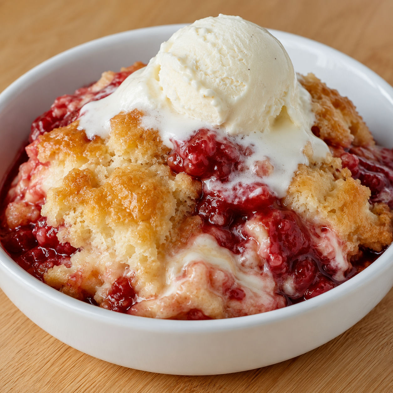 Strawberry cheesecake dump cake with golden crumble, red berry filling, and cream cheese swirl topped with ice cream