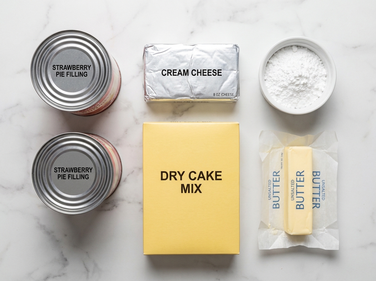 Five ingredients for strawberry cheesecake dump cake arranged on a marble surface
