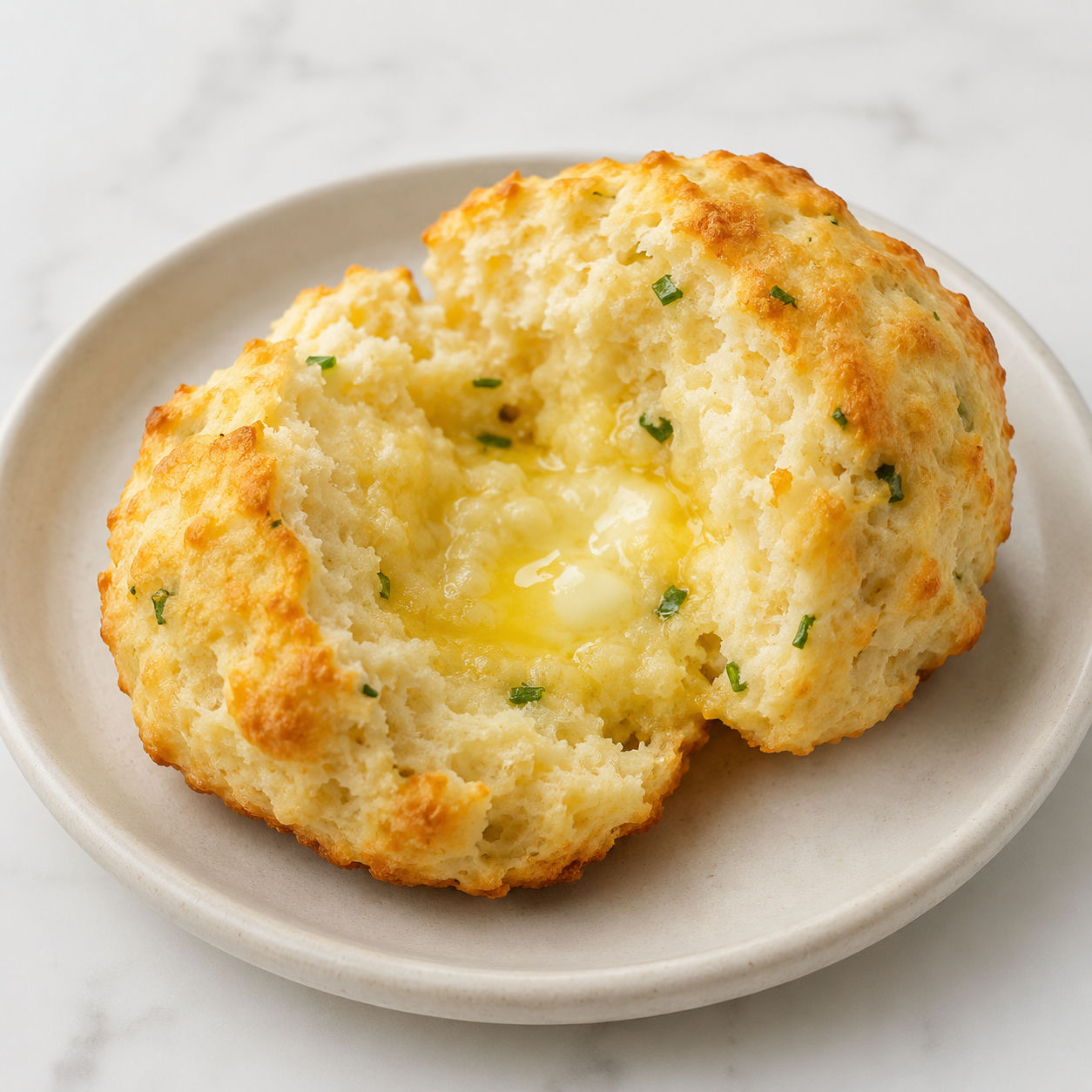 Warm cottage cheese biscuit split with melted butter and chives