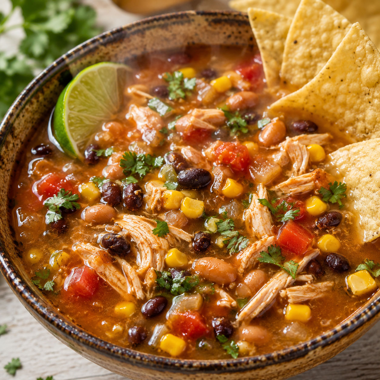 7 can chicken bean soup with corn, cilantro, lime, and tortilla chips